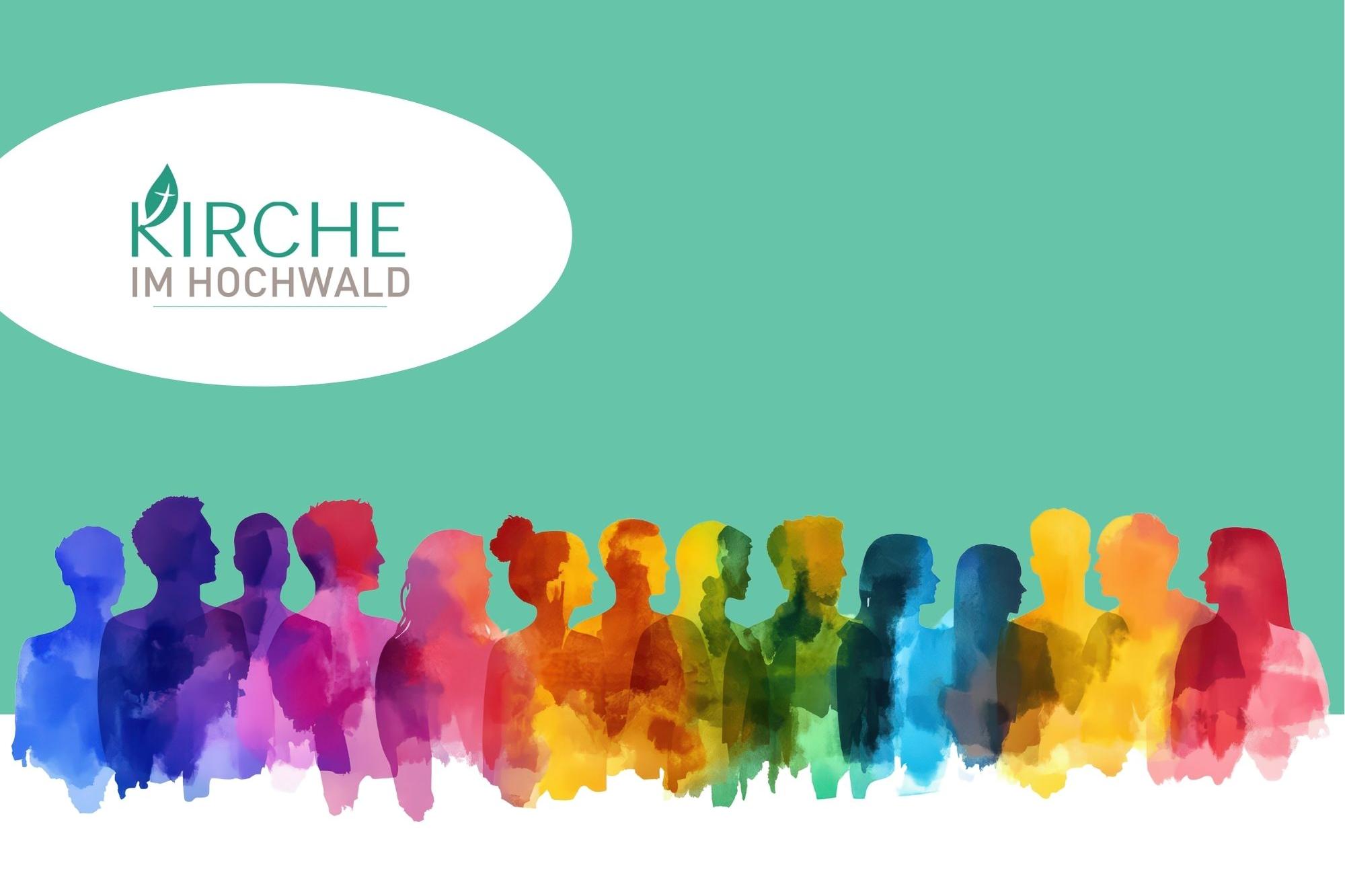 Bunte Menschensilhouetten symbolisieren Vielfalt, Gemeinschaft und Zusammenhalt in der Kirche im Hochwald.