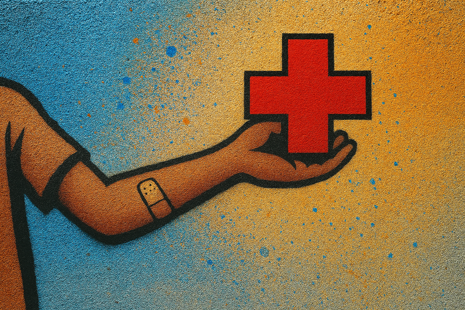 Gesprühte Street-Art zeigt einen ausgestreckten Kinderarm mit Pflaster, der ein großes rotes Erste-Hilfe-Kreuz