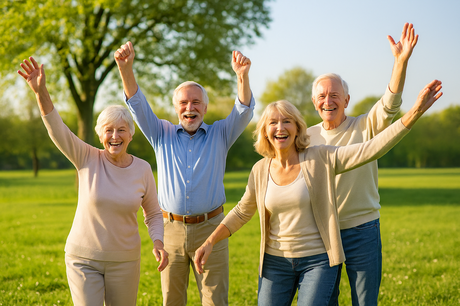 Vier ältere Personen stehen im Freien und heben gemeinsam die Arme.
