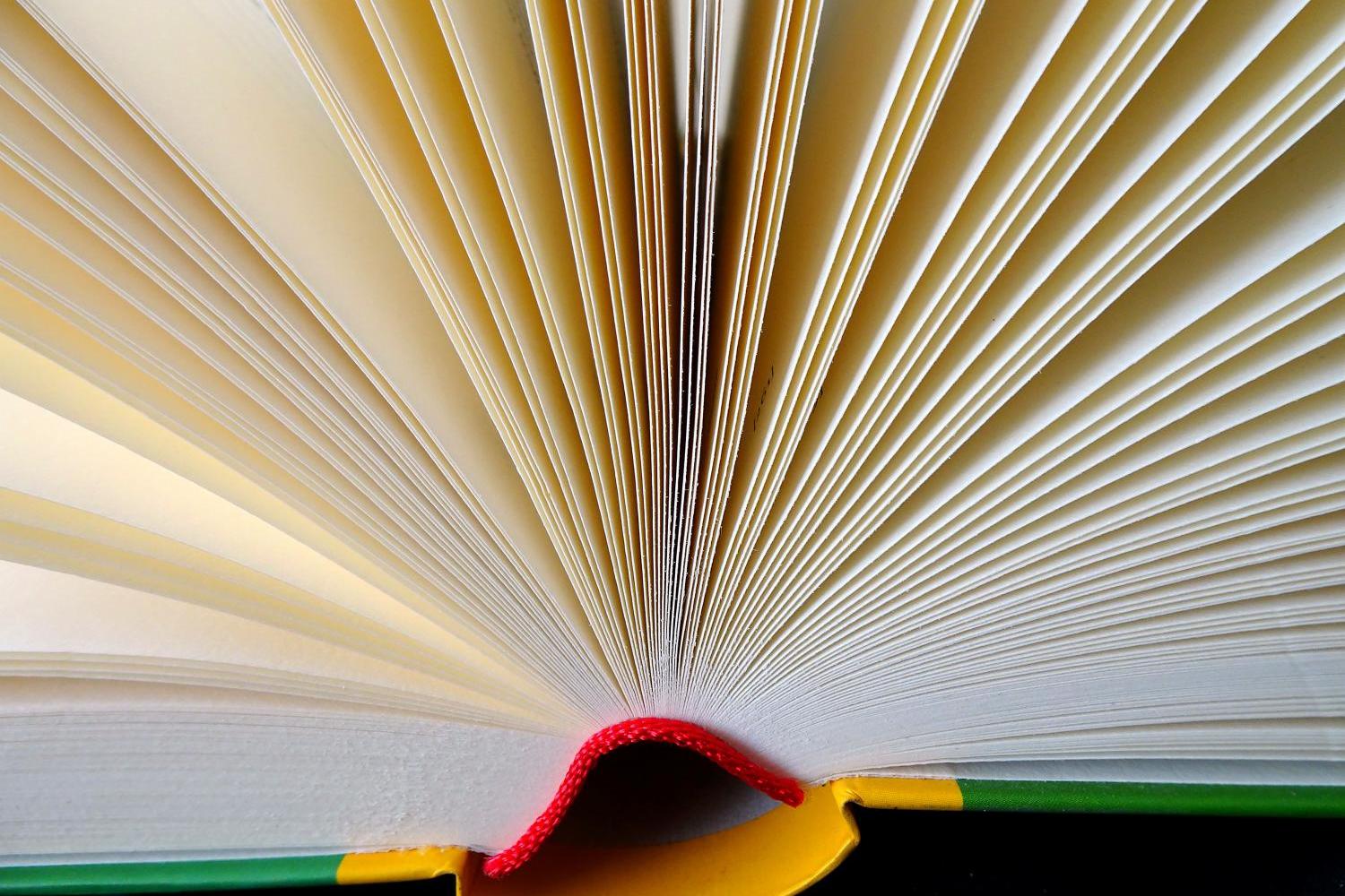 Aufgeschlagenes Buch, Seiten fächerförmig aufgeblättert, rotes Leseband sichtbar.