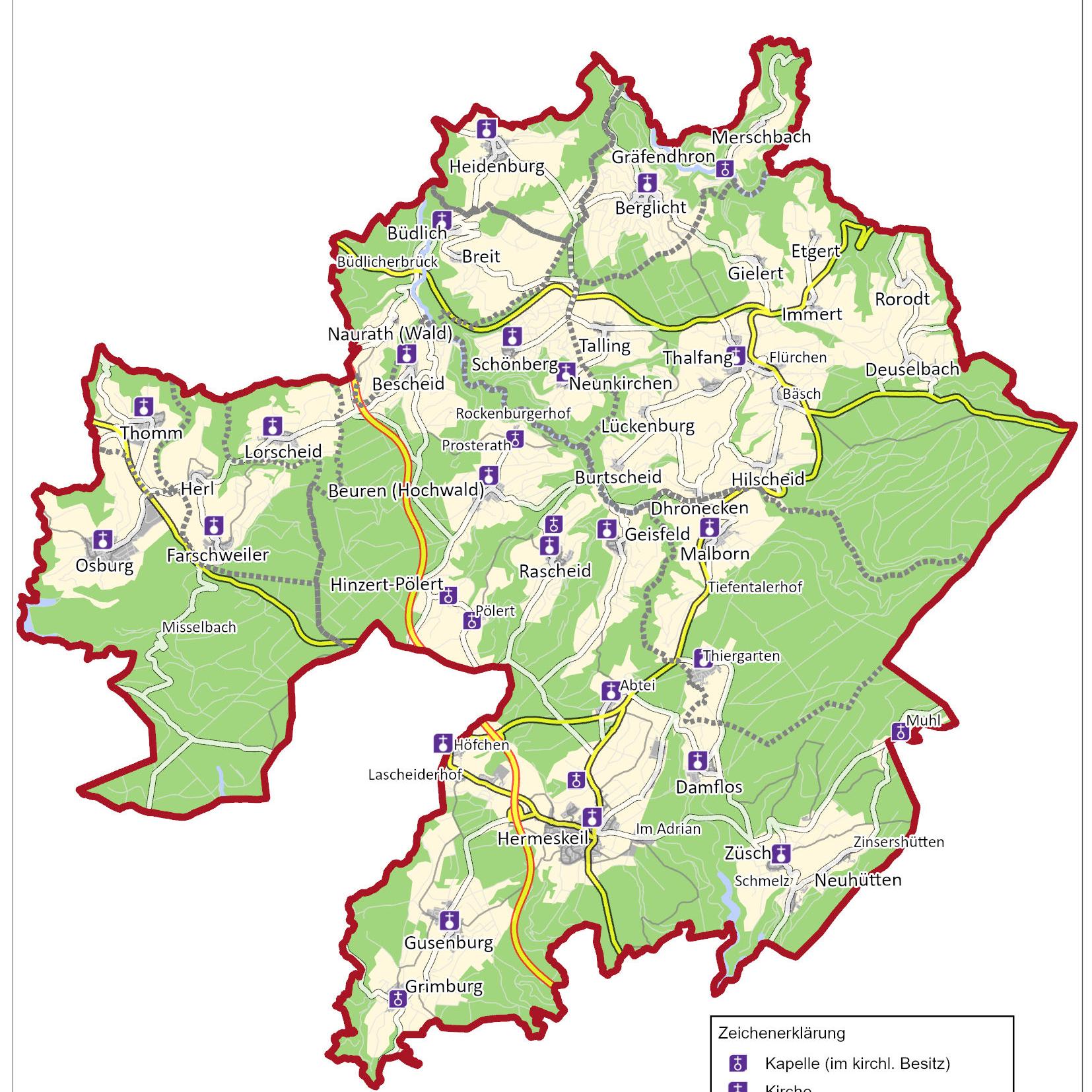 Gebietsstrukturen Pfarrei St. Franziskus Im Hochwald mit Kirchen und Kapellen (im kirchl. Besitz)